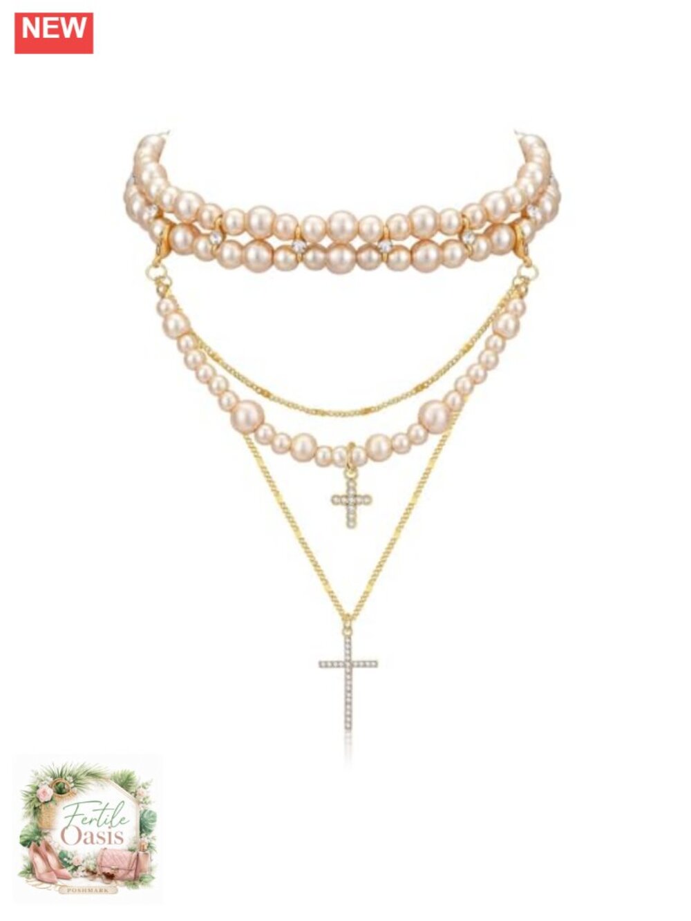Layered Pearl Necklace Statement Gothic Cross Chunky Stacked Rhinestone for